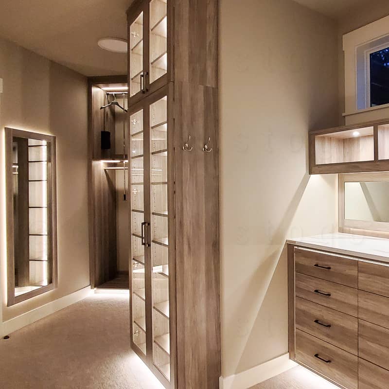 Brawn walk in closet with led lighting