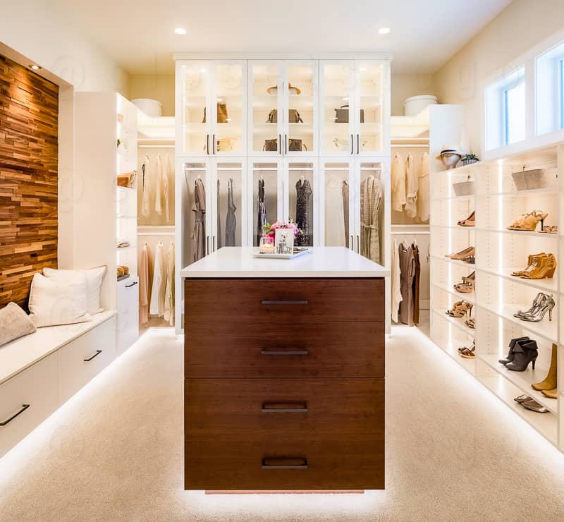 Two toned walk in white and brown, with led lighting.