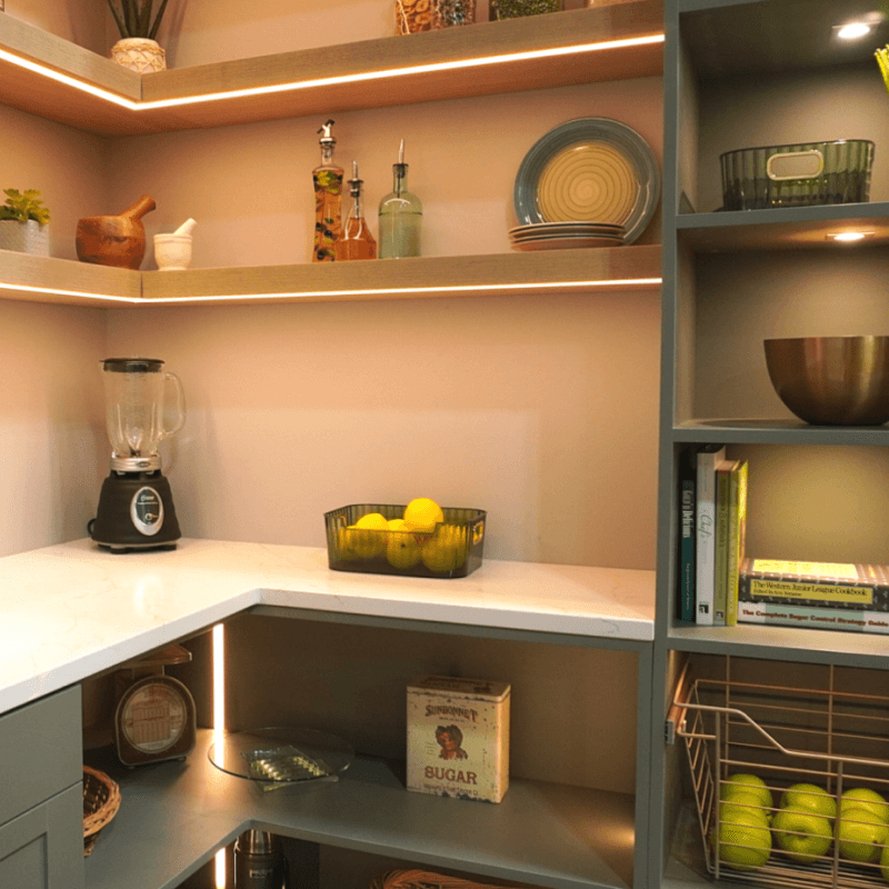 Reach in white pantry with baskets zoomed out view