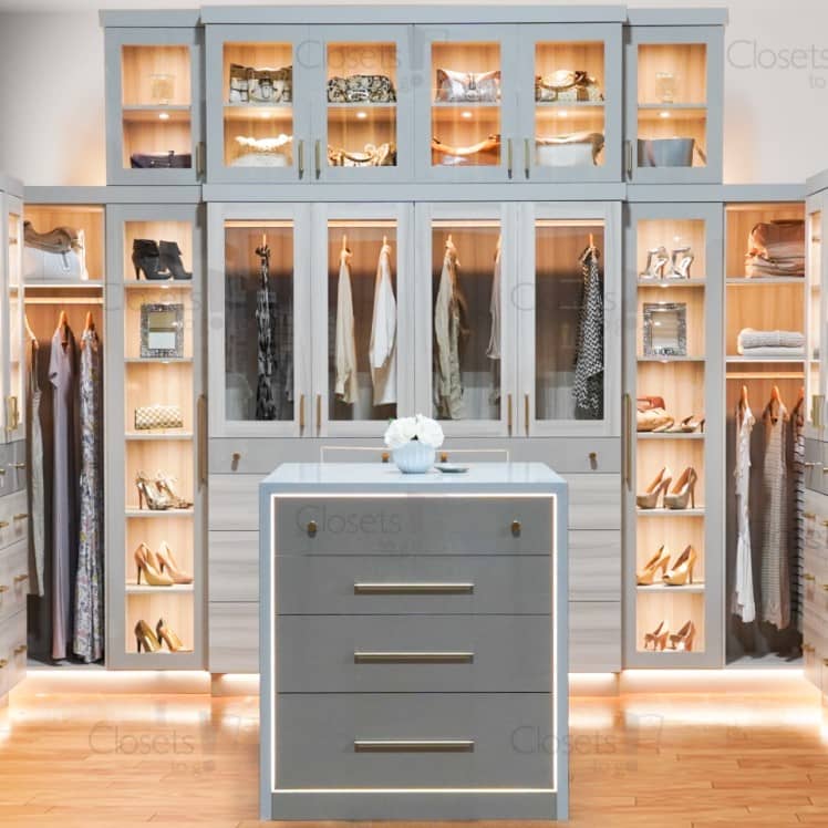 Black walk in pantry with open shelves