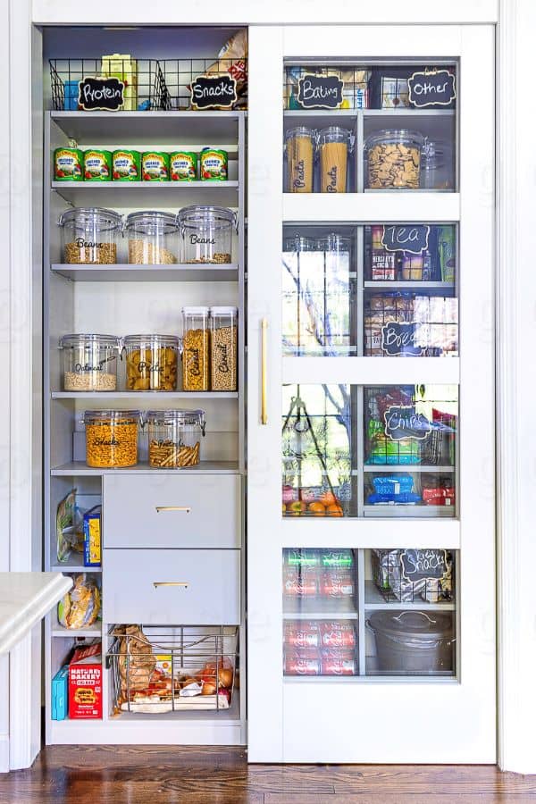 wide view of the pantry shows the drawers, shelves and baskets