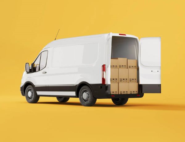 A white delivery van with packages.
