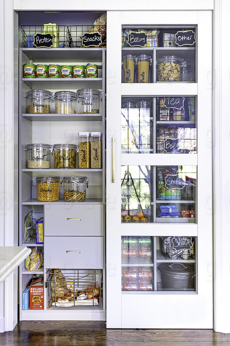 wide view of the pantry shows the drawers, shelves and baskets