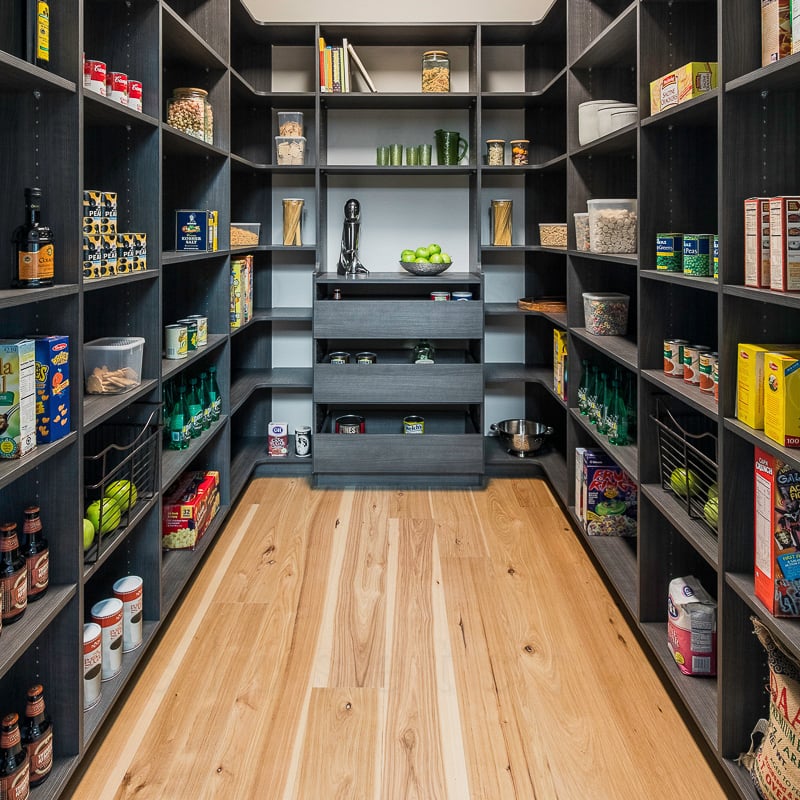 Black walk in pantry with open shelves